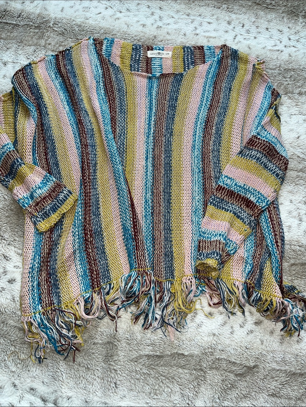 Natural Life Multicolor Striped Fringe Boxy Crewneck Sweater